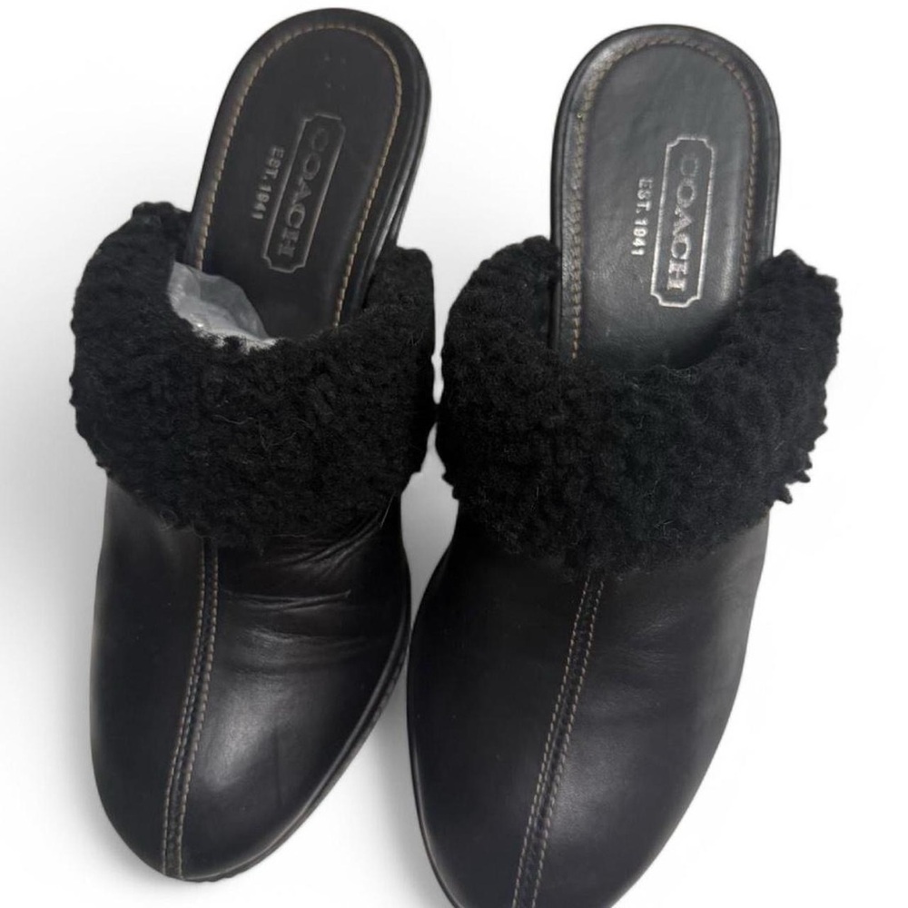 Vintage Coach Kacie Black Leather High Heel Mules Shearling Size 6.5
